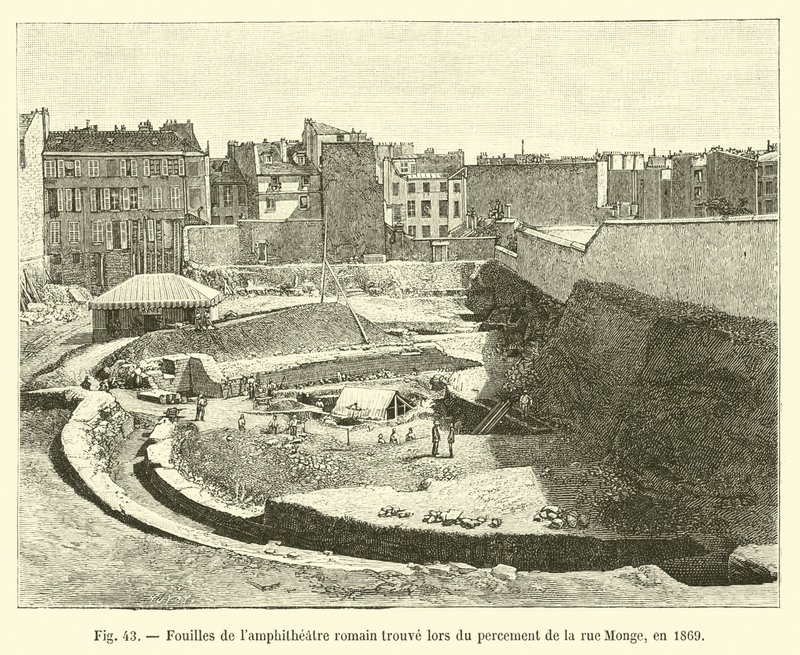 Escavações Lamphitheater romano encontrado durante o piercing da Rue Monge, em 1869 de French School