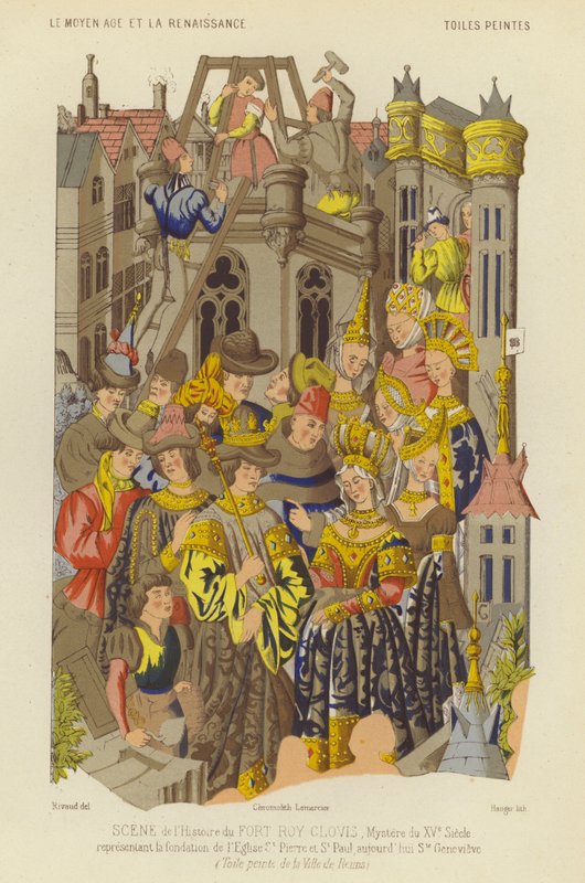 Fundação da Abadia de St Genevieve, Paris, no reinado de Clovis, Rei dos Francos (chromolitho) de French School