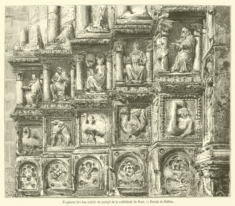 Fragmento dos baixos-relevos do portal da catedral de Sens (gravura) de French School