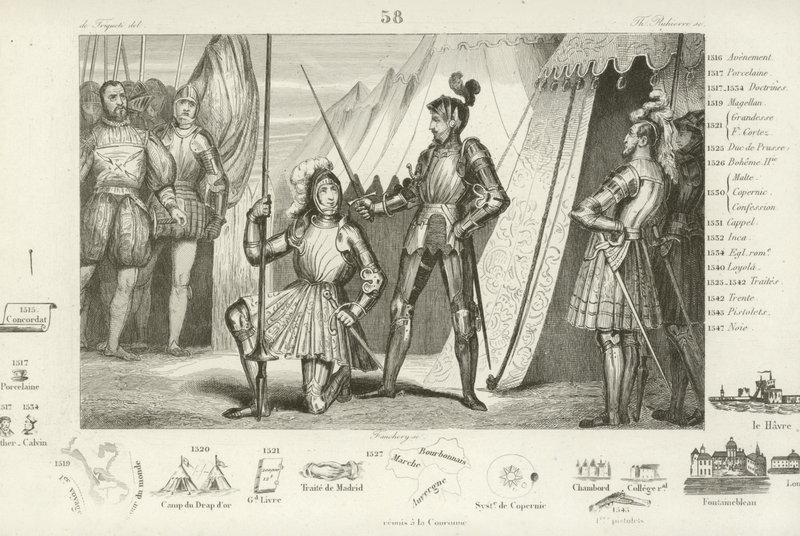 Francis I da França, pedindo para ser condecorado pelo Chevalier Bayard após a vitória na Batalha de Marignano, Itália, 1515 de French School