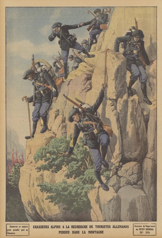 Chasseurs Alpins franceses em busca de turistas alemães perdidos nos Alpes (cor litho) de French School