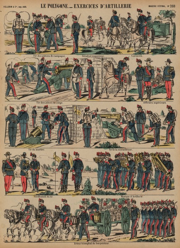 Exercícios de artilharia do exército francês, Le Polygone, Lorient, França (gravura colorida) de French School