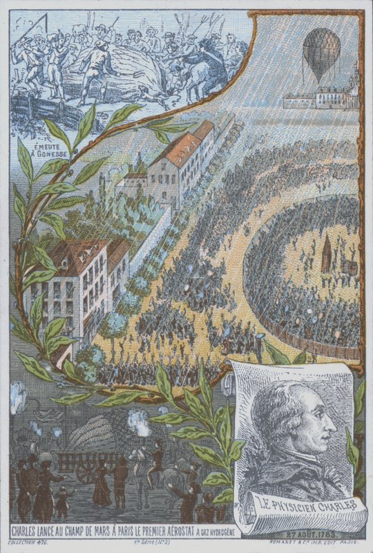 O balonista francês Jacques Charles lança o primeiro balão de hidrogênio do Champ de Mars, Paris, 27 de agosto de French School