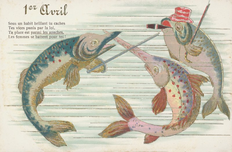 Cartão francês representando um peixe para assinalar o Dia da Mentira (Poisson d