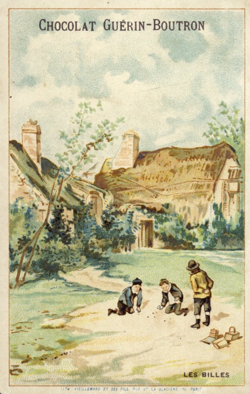 Crianças francesas jogando berlindes fora da casa de campo (chromolitho) de French School