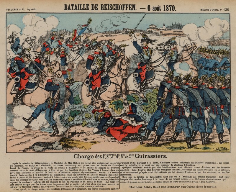 Cuirassiers franceses carregando a infantaria prussiana na Batalha de Reichshoffen, Guerra Franco-Prussiana, 6 de Agosto de 1870 (gravura colorida) de French School