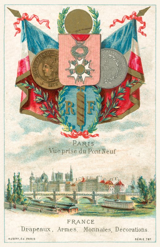 Bandeiras, armas, moedas e decorações francesas e uma vista de Paris do Pont Neuf (chromolitho) de French School