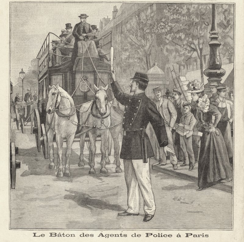 Policial francês usando seu bastão para dirigir o trânsito nas ruas de Paris (gravura) de French School