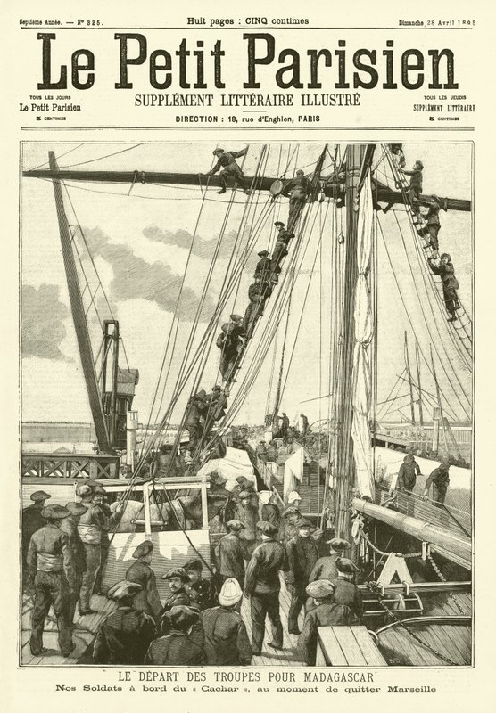 Soldados franceses partem de Marselha para Madagáscar (gravura) de French School