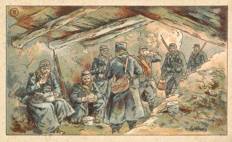 Soldados franceses comendo em um pirotécnico, Primeira Guerra Mundial (chromolitho) de French School