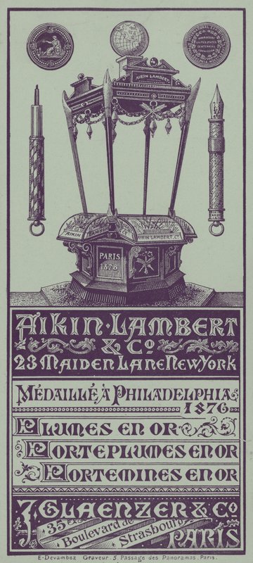 Cartão comercial francês com publicidade de Aikin Lambert canetas, porta-lápis e lápis propulsores (litho) de French School