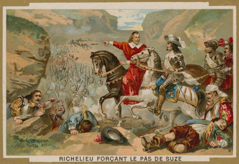 Tropas francesas comandadas pelo cardeal Richelieu forçam a passagem em Suza, Savoy, 1629 de French School
