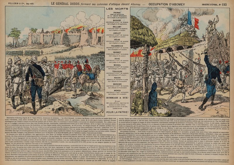 Tropas francesas comandadas pelo General Alfred-Amedee Dodds atacando Abomey, Dahomey, Segunda Guerra Franco-Dahomeana de French School