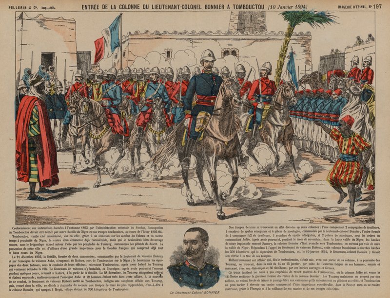 Tropas francesas comandadas pelo Tenente-Coronel Eugene Bonnier entram em Timbuktu de French School