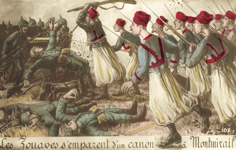zouaves francesas capturando uma peça de artilharia alemã em Montmirail, na Primeira Guerra Mundial (cor litho) de French School