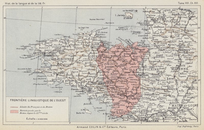 Fronteira linguística ocidental (litografia a cores) de French School