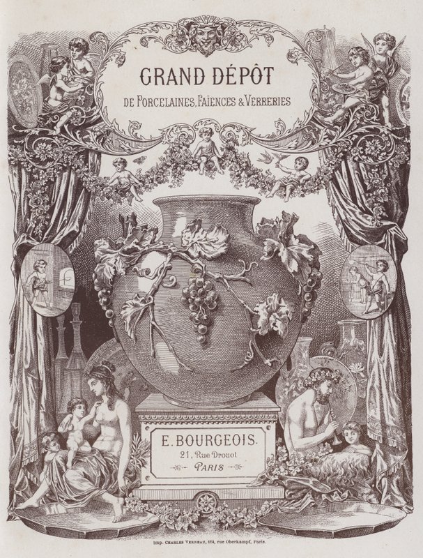 Frontispício ao catálogo do Grande Depósito de Porcelanas, Faianças e Verrerías (cor litográfica) de French School