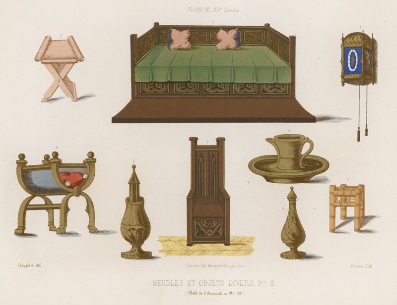 Móveis e vários objetos da França do século XIV de French School