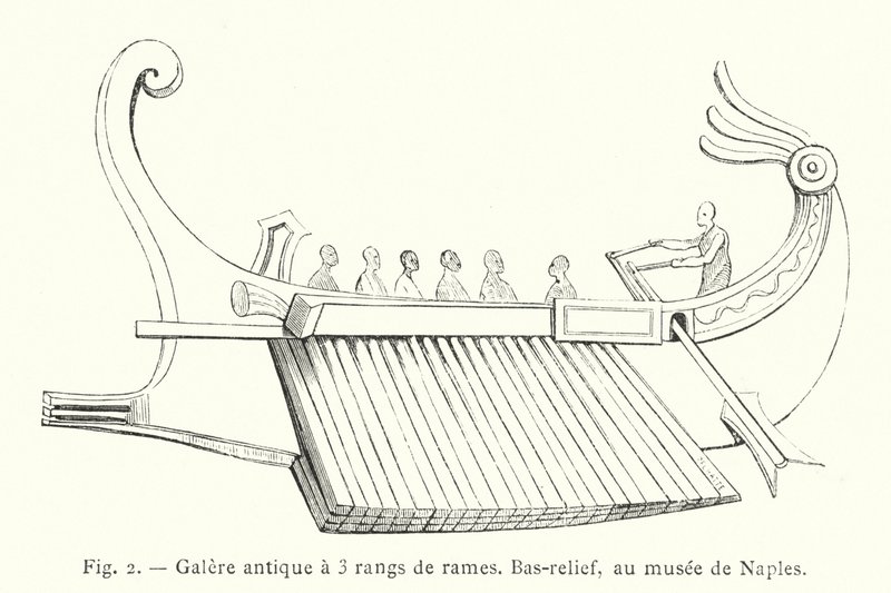 Antigua cozinha com 3 filas de remos, baixo-relevo, no museu de Nápoles (gravura) de French School