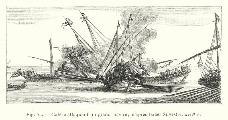 Galley atacando um grande navio; depois de Israel Silvestre, século 17 (gravura) de French School