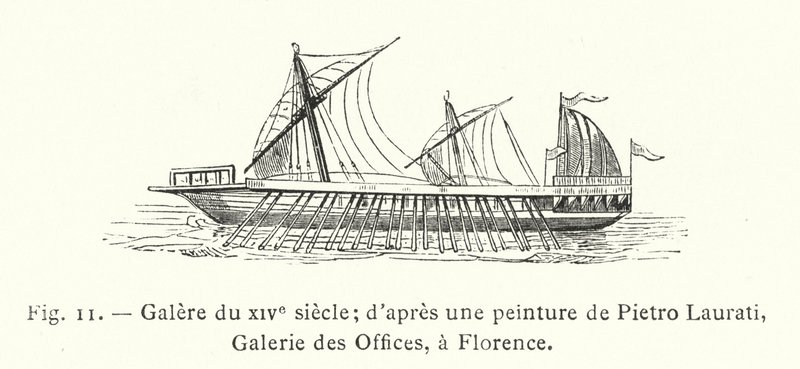 Galé do século XIV; depois de uma pintura de Pietro Laurati, Galeria Uffizi, Florença (gravura) de French School