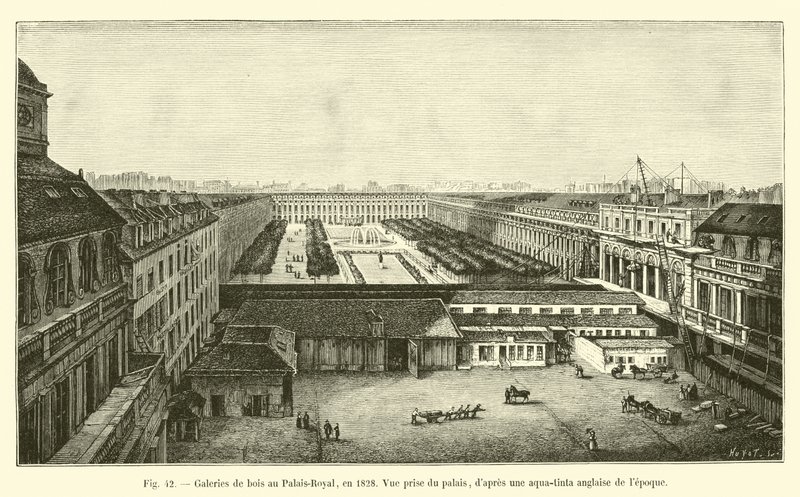 Galerias de madeira no Palais Royal, em 1828, Vista tirada do palácio, de uma aqua-tinta inglesa da época de French School