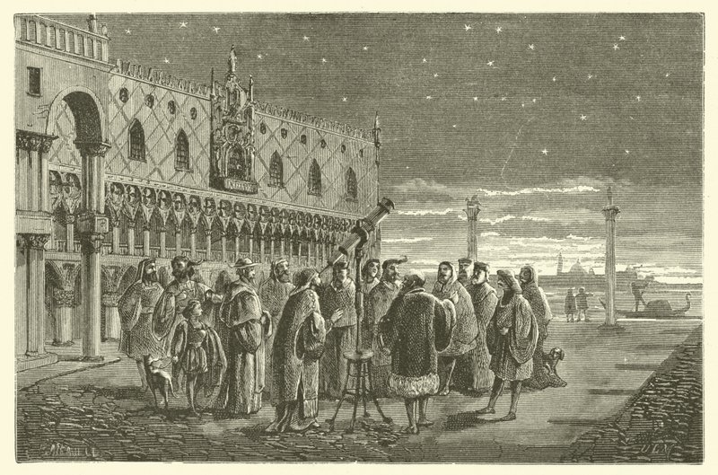 Galileu mostra os satélites de Júpiter aos senadores de Veneza (gravura) de French School