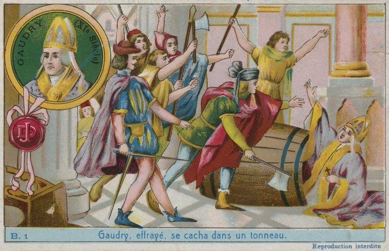 Gaudry, assustado, escondido em um barril de French School