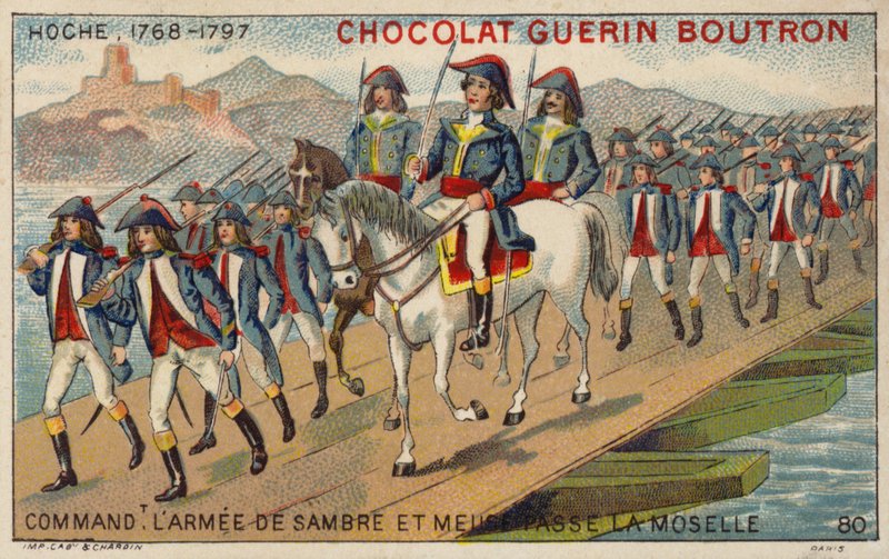 General Hoche, comandante do Exército de Sambre e Meuse, atravessando o Mosela (chromolitho) de French School