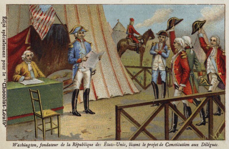 George Washington lendo o rascunho da Constituição dos Estados Unidos para os delegados de French School
