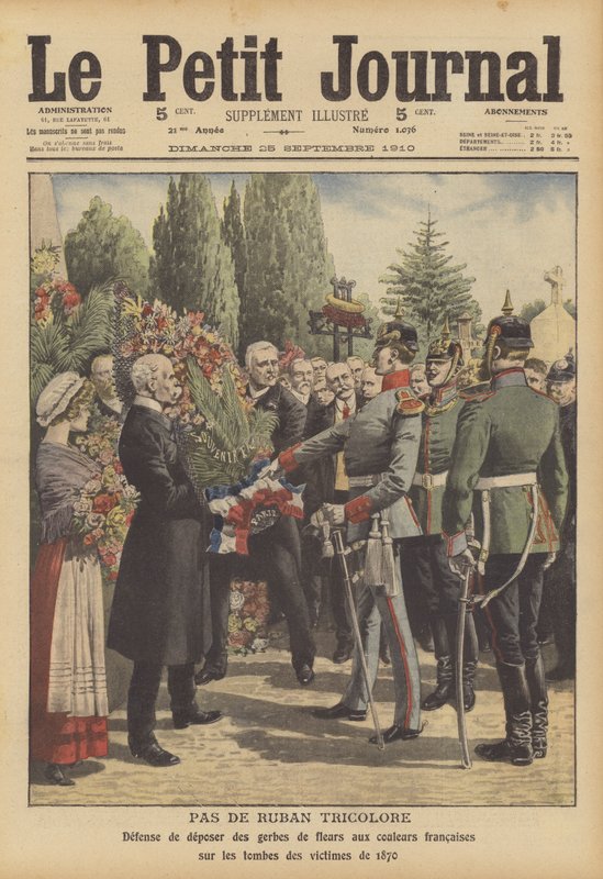 Soldados alemães recusando a colocação de coroas com fitas tricolores francesas nos túmulos de soldados mortos na Guerra Franco-Prussiana (cor litho) de French School