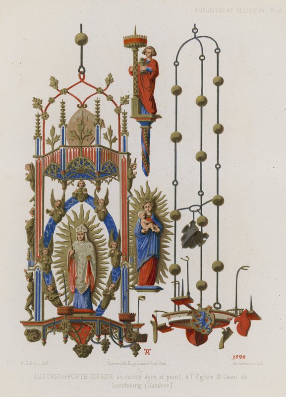 Candelabro de cobre dourado e pintado e castiçal de French School