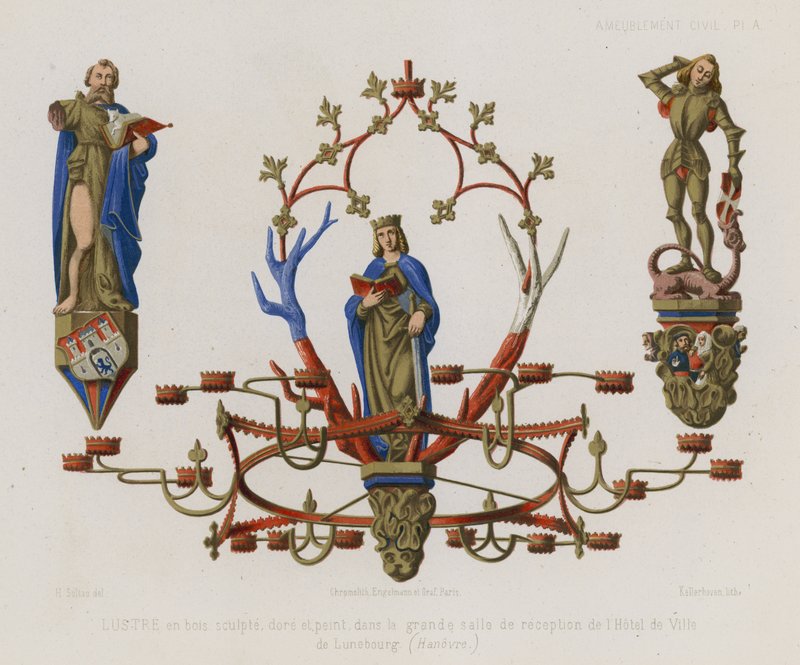 Candelabro de madeira dourada e pintada na grande sala de recepção da prefeitura em Luneburg de French School