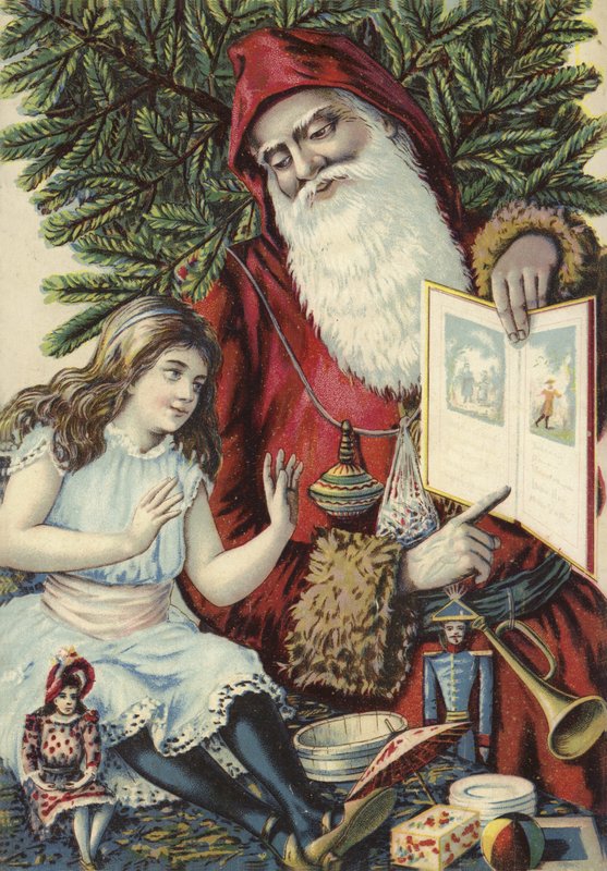 Garota sendo mostrada livro ilustrado pelo pai Natal de French School