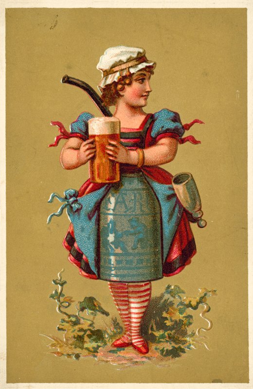 Garota segurando um grande copo de cerveja (chromolitho) de French School