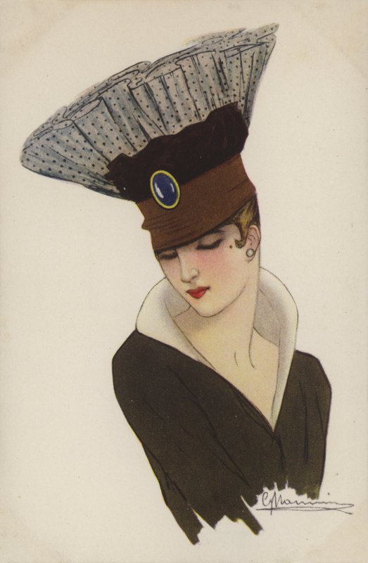 Rapariga com um extraordinário toucado (cor litho) de French School