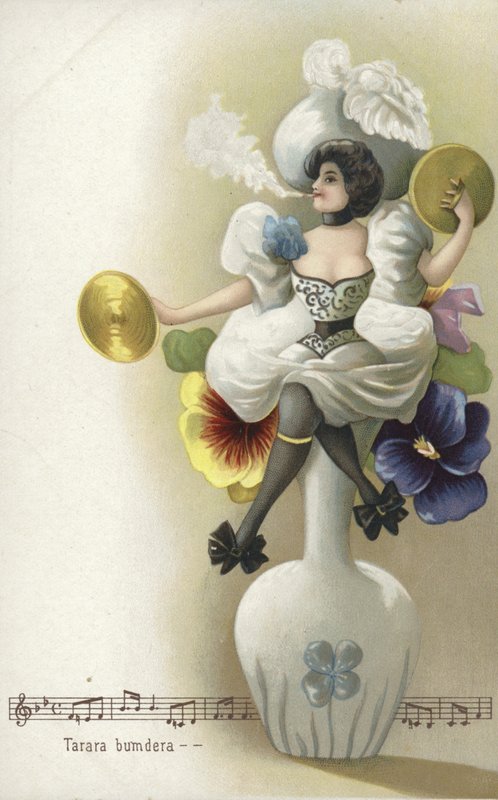 Menina sentada num vaso fumando e tocando os címbalos (chromolitho) de French School
