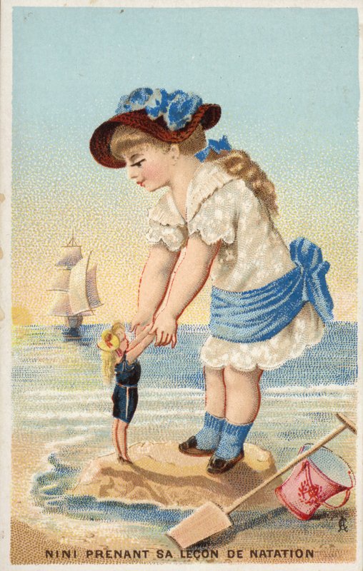 Menina ensinando uma boneca a nadar de French School