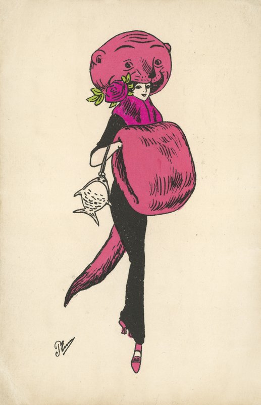 Rapariga com roupa de pele de animal estranha (cor litho) de French School