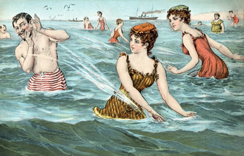 Meninas espirrando um homem no mar de French School