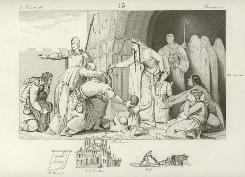 Dar esmola aos pobres, reinado de Clotário III, rei da Nêustria e Borgonha, séc. VII de French School