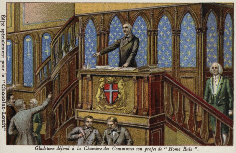 Gladstone defendendo sua política para o Home Rule irlandês na Câmara dos Comuns de French School