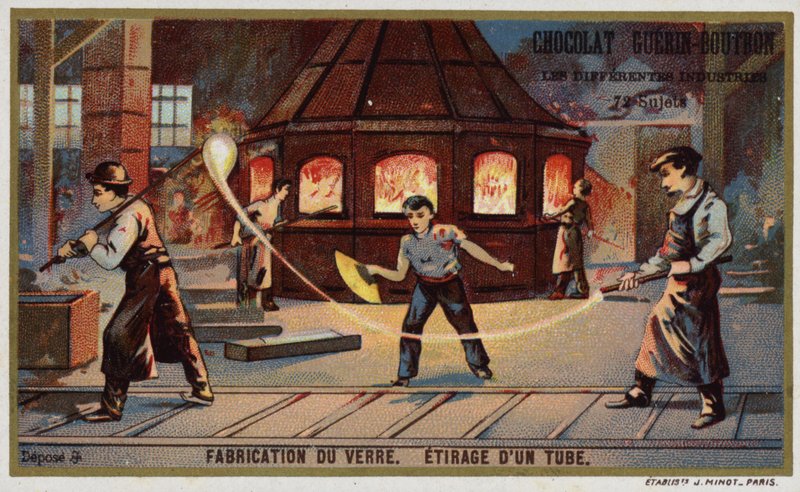 Fabricação de vidro. Desenho de um tubo (chromolitho) de French School
