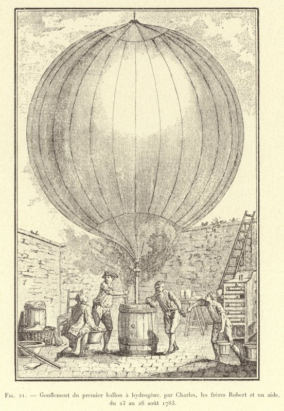 Inflar o primeiro balão de hidrogénio, por Charles, os irmãos Robert e um ajudante, de 23 a 26 de Agosto de 1783 (gravura) de French School