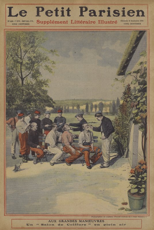 Grandes manobras do Exército Francês: um barbeiro ao ar livre (cor litho) de French School