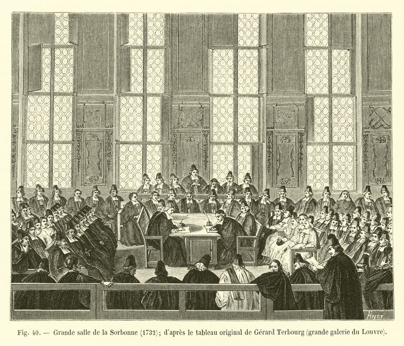 Grande salão da Sorbonne, 1732; dapres a pintura original de Gerard Terbourg, grande galeria do Louvre de French School
