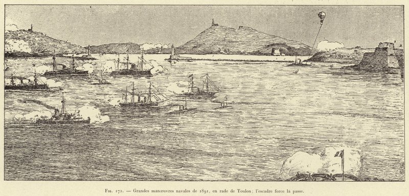 Grandes manobras navais de 1891, em Toulon; a esquadra força o passe (gravura) de French School