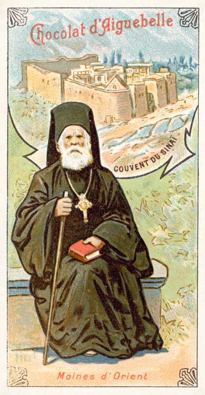 Monge ortodoxo grego e Mosteiro de Santa Catarina no Monte Sinai (chromolitho) de French School
