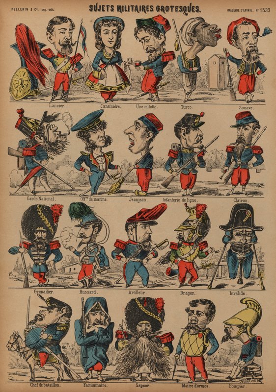 Grotescas caricaturas militares (gravuras coloridas) de French School