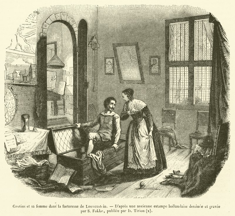 Grotius e sua esposa na fortaleza de Louvenstein (gravura) de French School